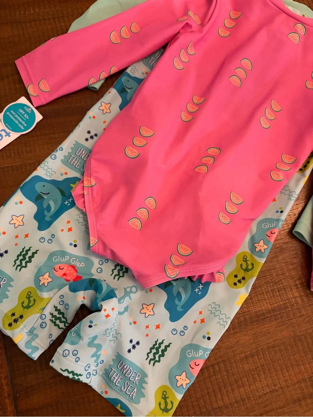 2 Baby Girl Swim Outfits - Long Sleeves Snap Leg Closure Zip Rash-guards 12-18M